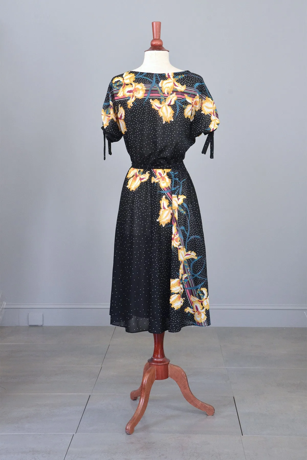 70s Vintage Sheer Jersey Orchid Print Dress