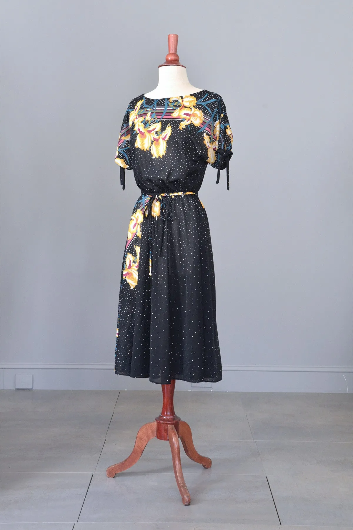 70s Vintage Sheer Jersey Orchid Print Dress