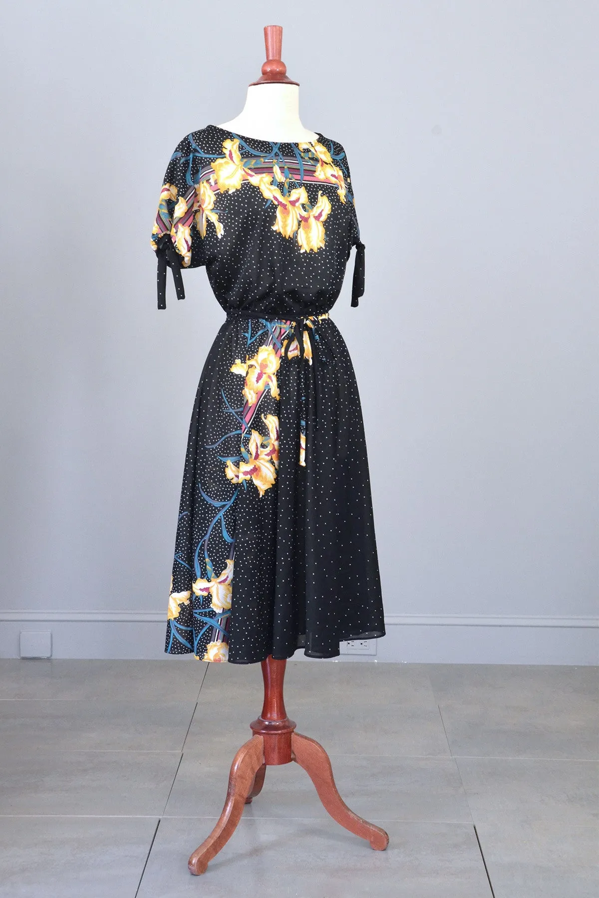 70s Vintage Sheer Jersey Orchid Print Dress