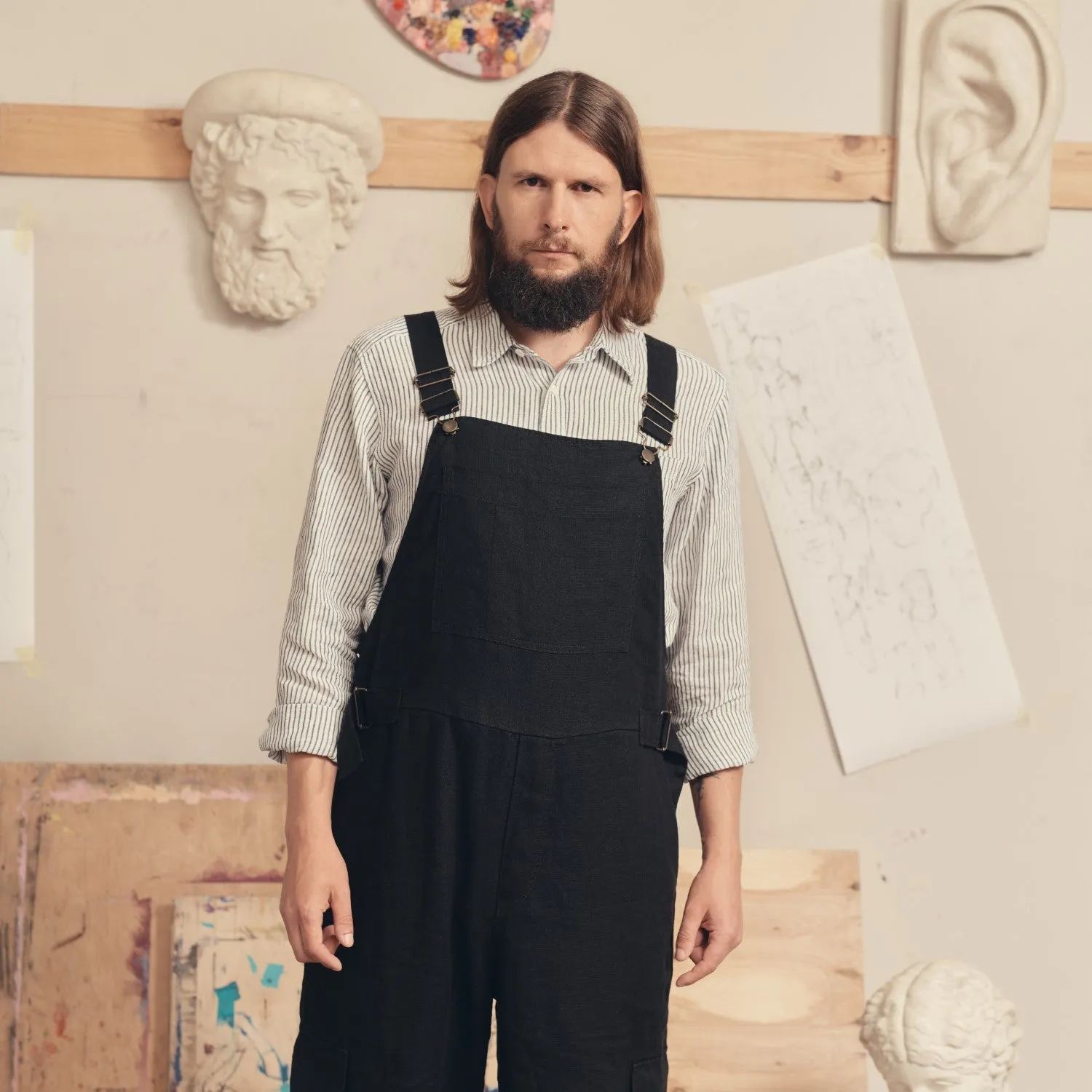 Black Linen Elm Overalls