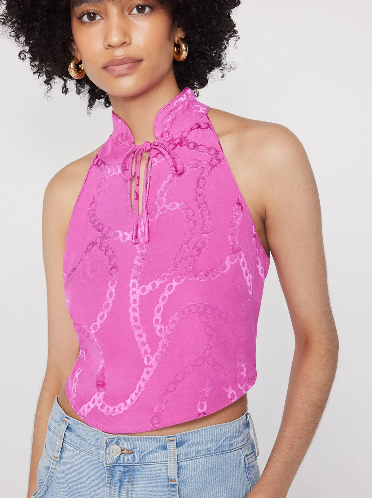 Catriona Pink Chain Jacquard Halterneck Top