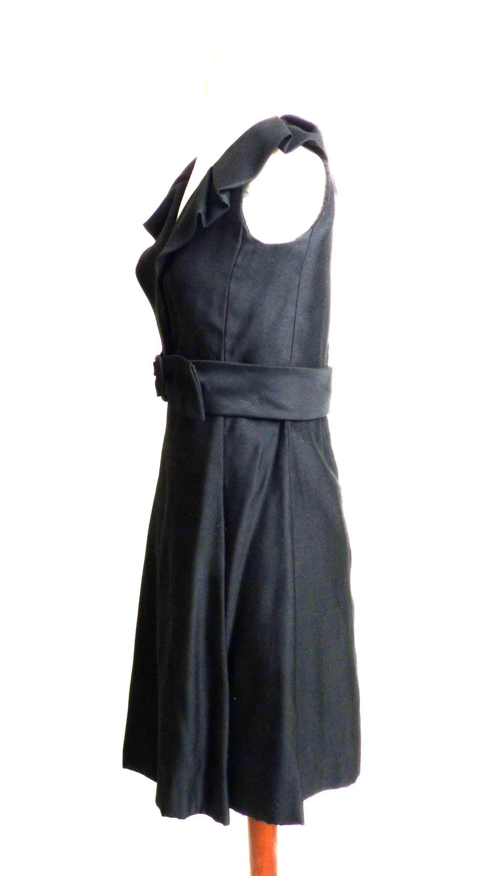 Circa 1960s Black Pleated Shawl-Collared Dress