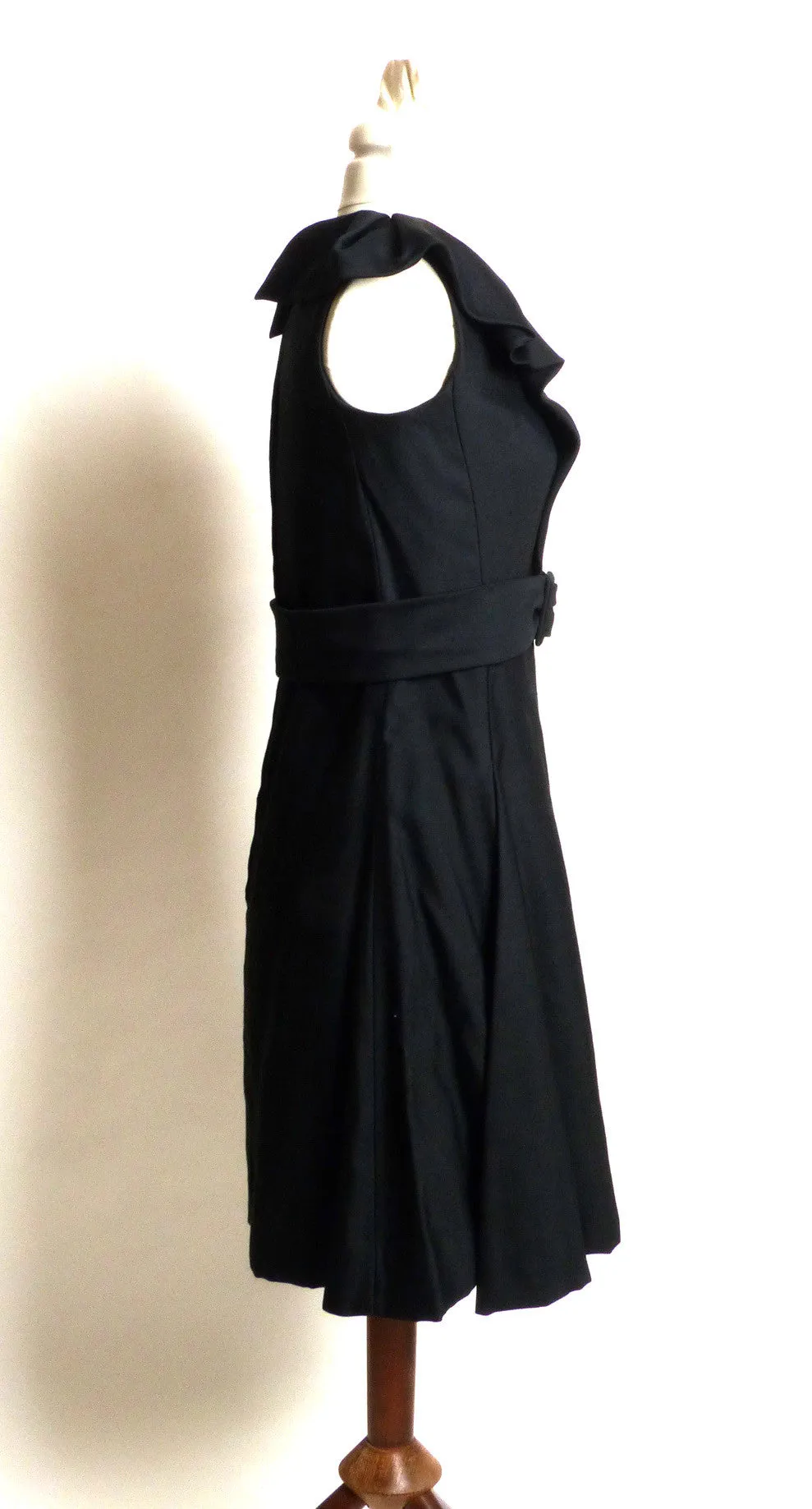 Circa 1960s Black Pleated Shawl-Collared Dress