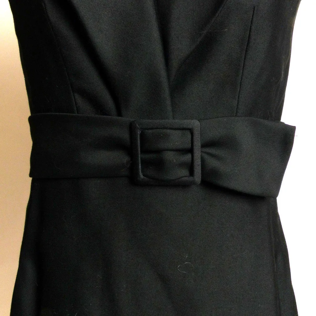 Circa 1960s Black Pleated Shawl-Collared Dress