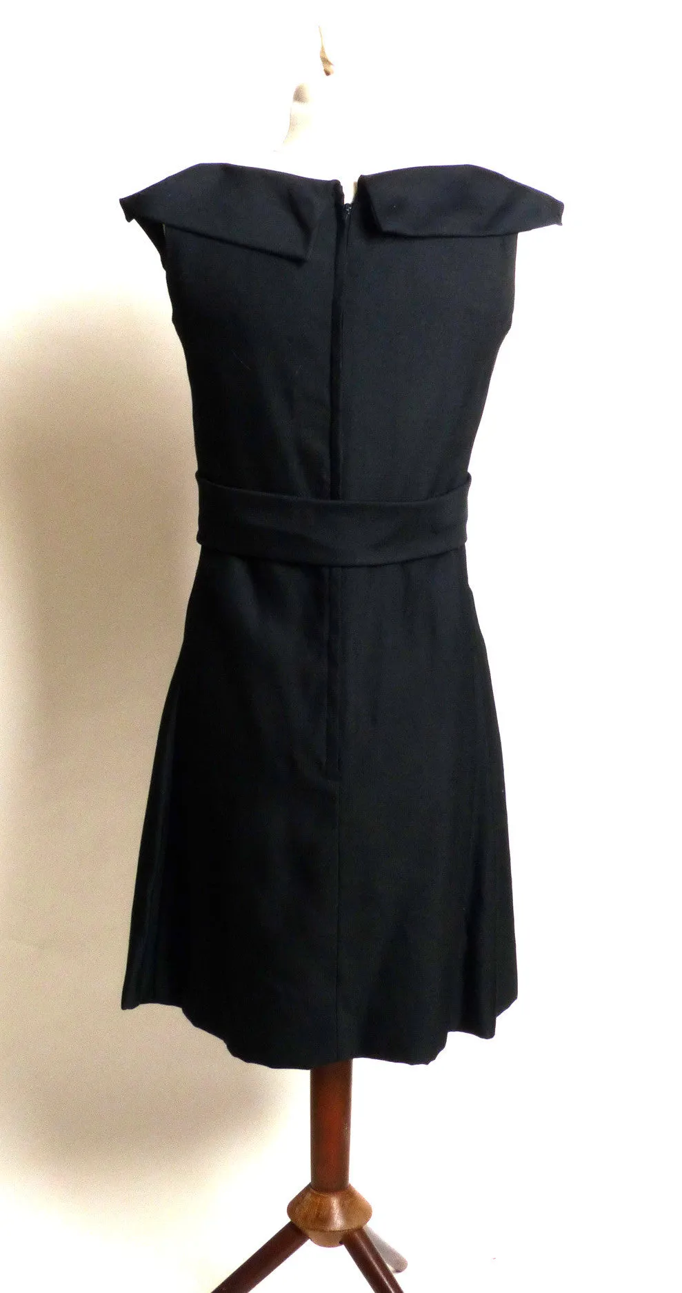 Circa 1960s Black Pleated Shawl-Collared Dress