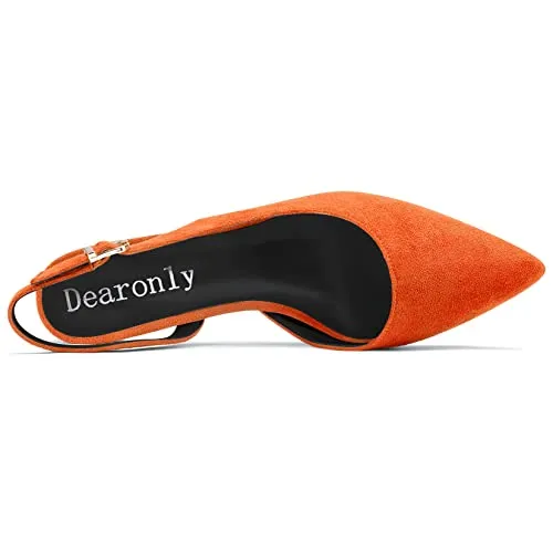 DearOnly Womens Pumps Pointed Toe d-Orsay Kitten Low Block Chunky Heel Slingback Suede Dress Shoes Orange 1.5 Inch