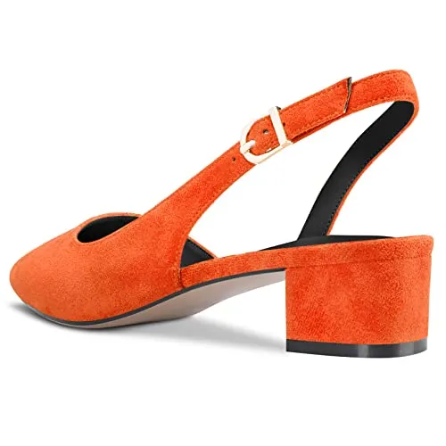 DearOnly Womens Pumps Pointed Toe d-Orsay Kitten Low Block Chunky Heel Slingback Suede Dress Shoes Orange 1.5 Inch