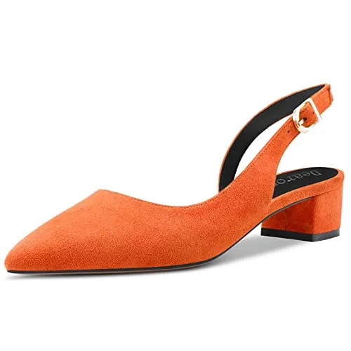 DearOnly Womens Pumps Pointed Toe d-Orsay Kitten Low Block Chunky Heel Slingback Suede Dress Shoes Orange 1.5 Inch