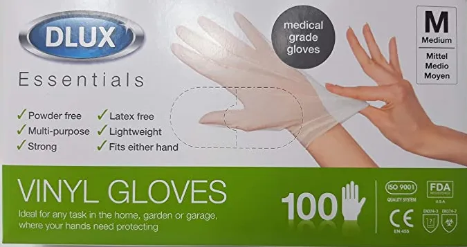 DLUX Essential Vinyl Protective Gloves (Pack of 100 individual gloves)