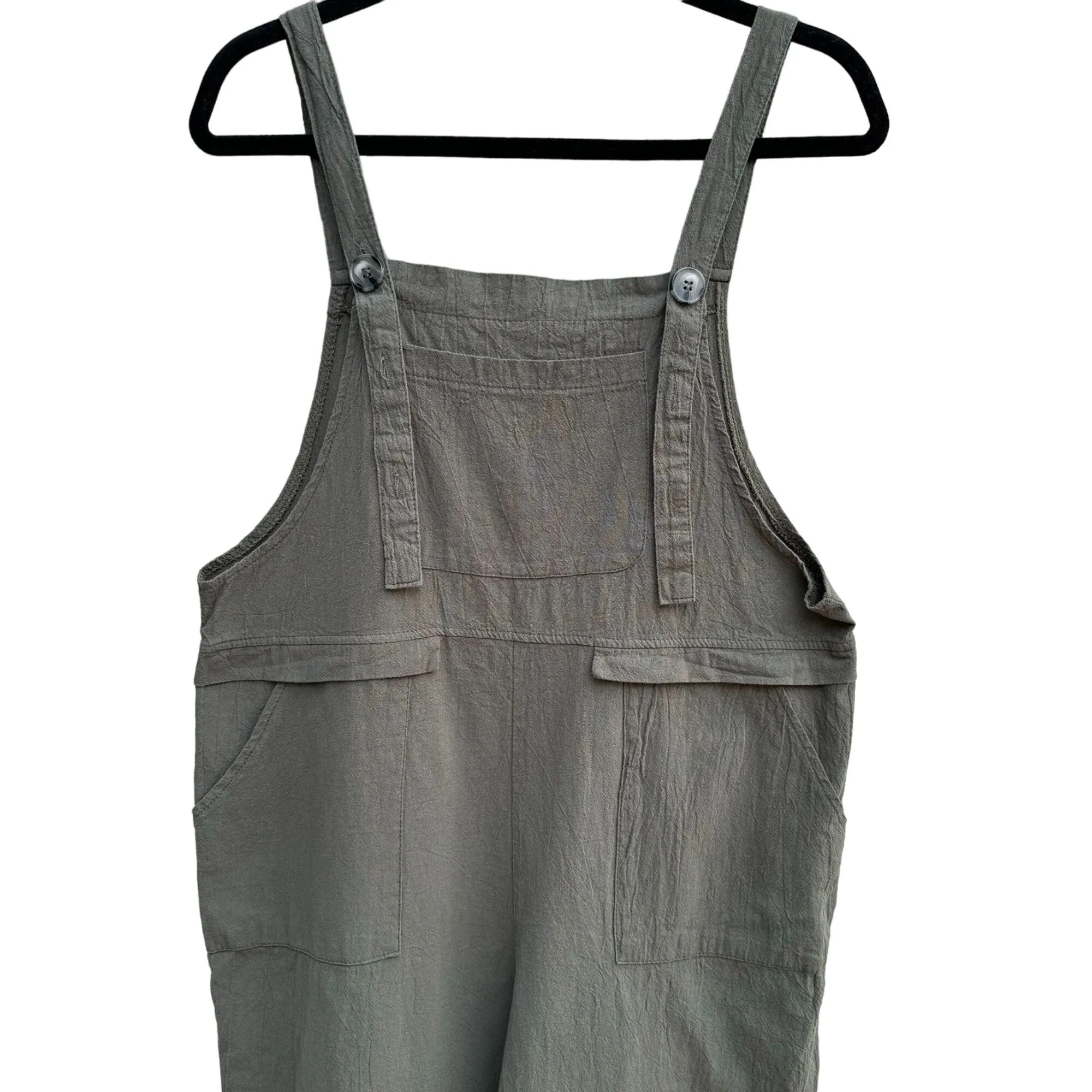 Fashion Green Cotton-Linen Womens Adjustable Straps Pockets Overalls Jumpsuit