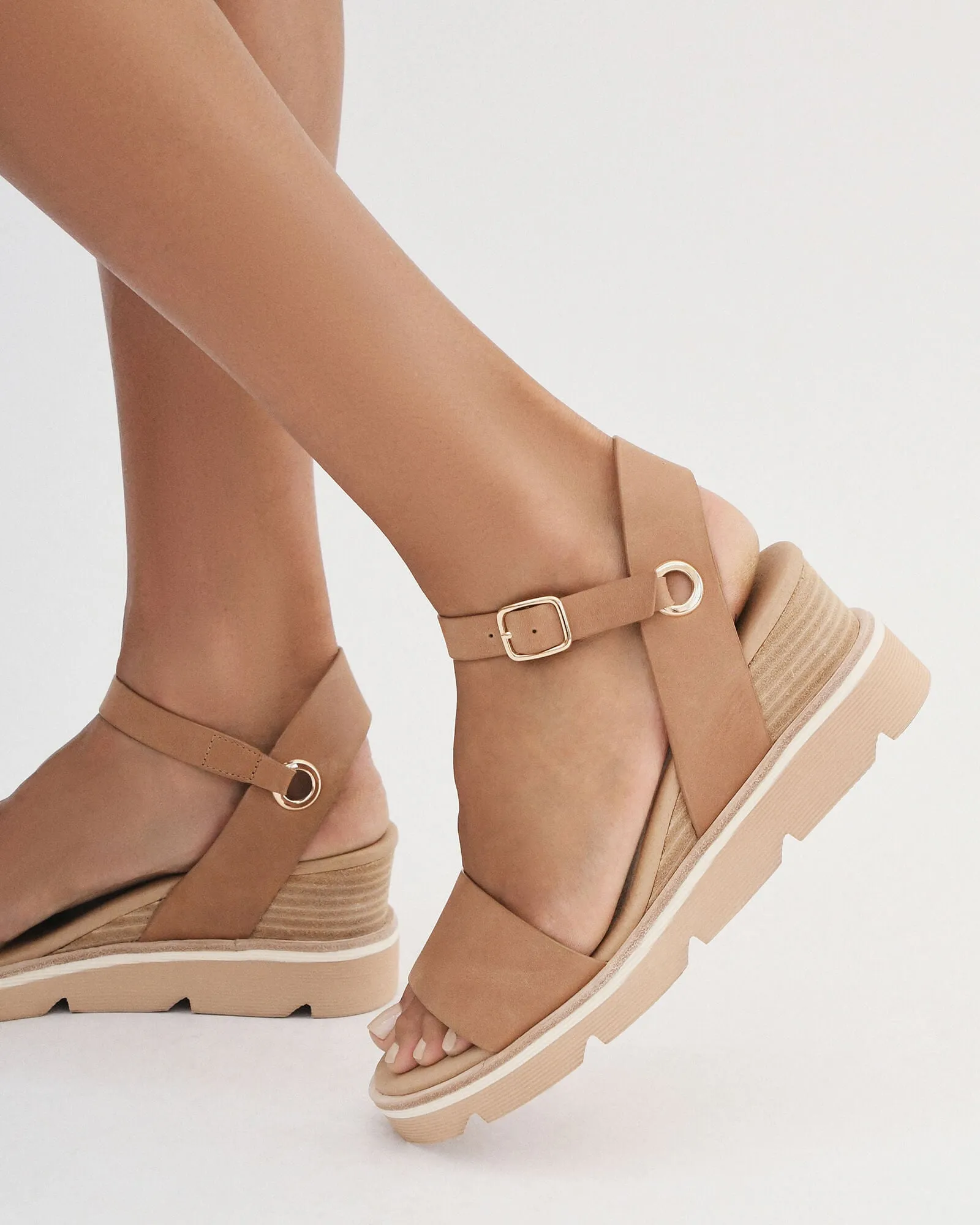 KATIE MID HEEL WEDGE SANDALS TAN LEATHER