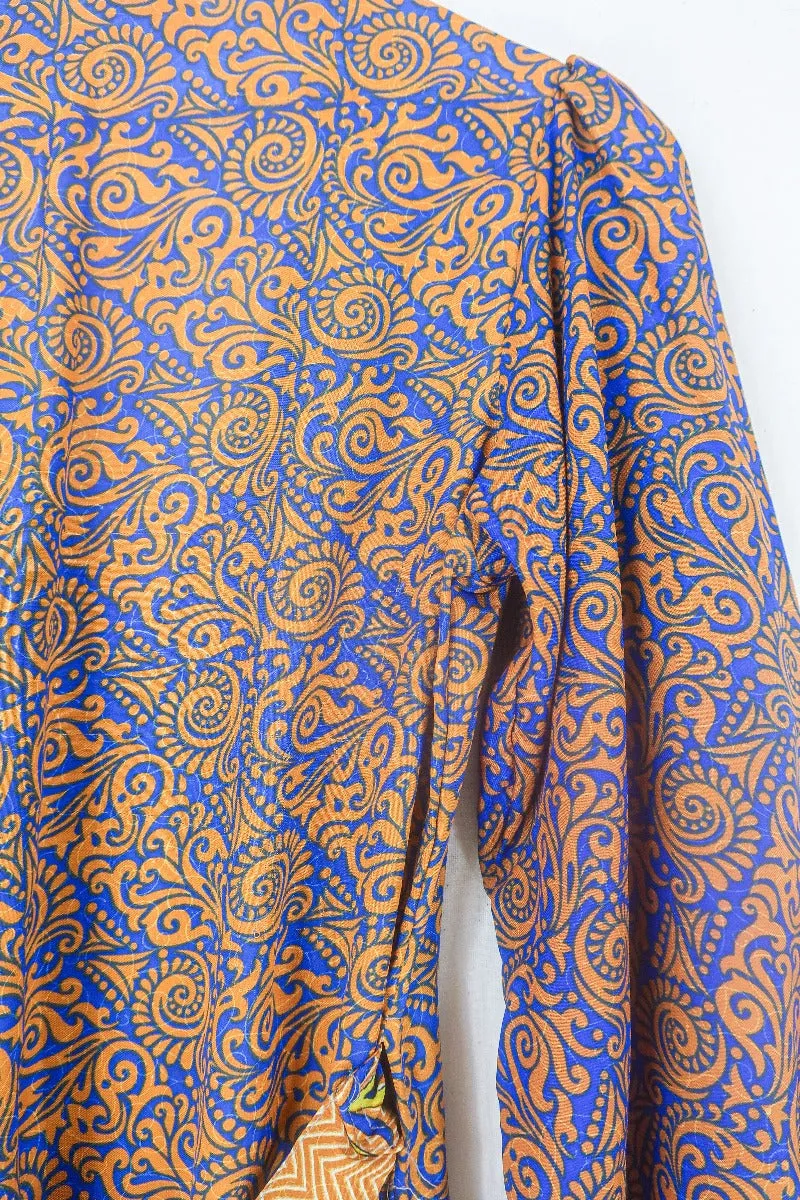 Lola Long Wrap Dress - Ginger & Indigo Psychedelic - Vintage Indian Sari - Size S/M