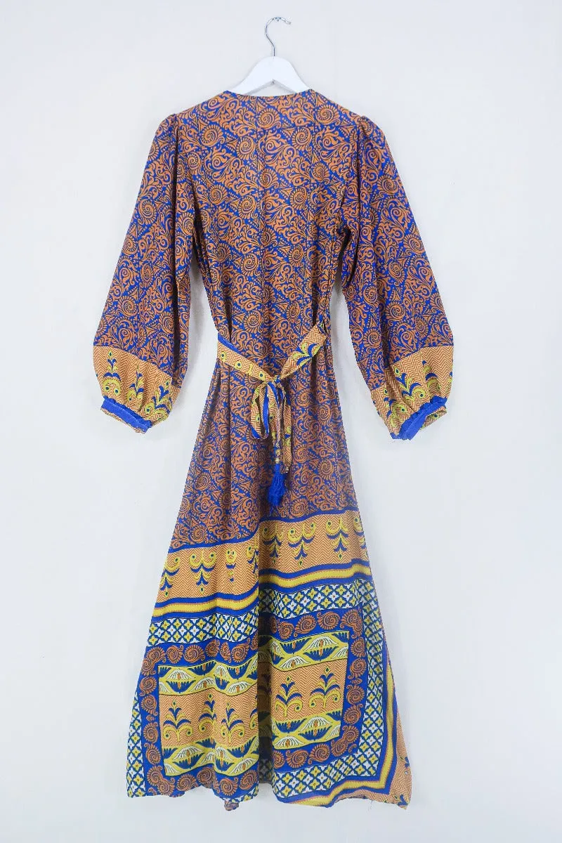 Lola Long Wrap Dress - Ginger & Indigo Psychedelic - Vintage Indian Sari - Size S/M