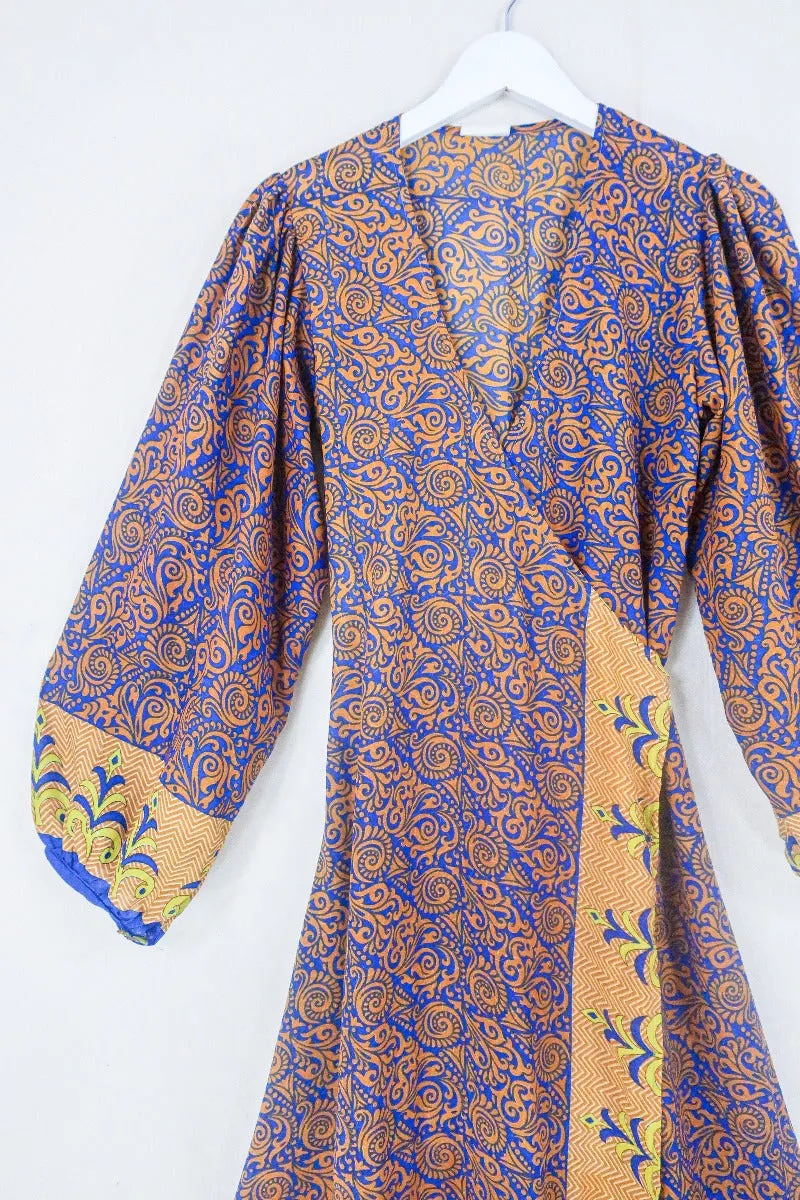 Lola Long Wrap Dress - Ginger & Indigo Psychedelic - Vintage Indian Sari - Size S/M