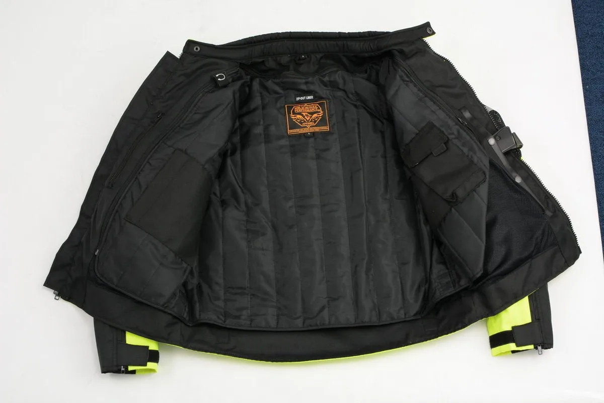 Milwaukee Leather MPM1794 High Vis Green Armored Mesh Racer Jacket with Reflective Piping for Men - All Season Jacket