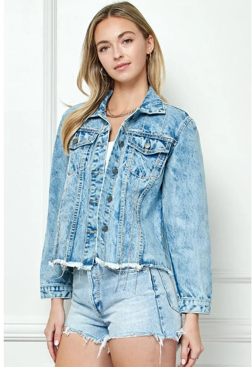 Rhinestone Stripe Seam Denim Jacket