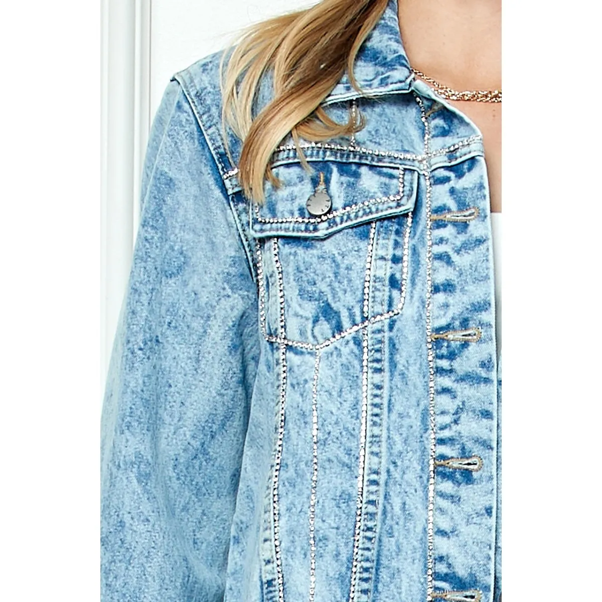 Rhinestone Stripe Seam Denim Jacket