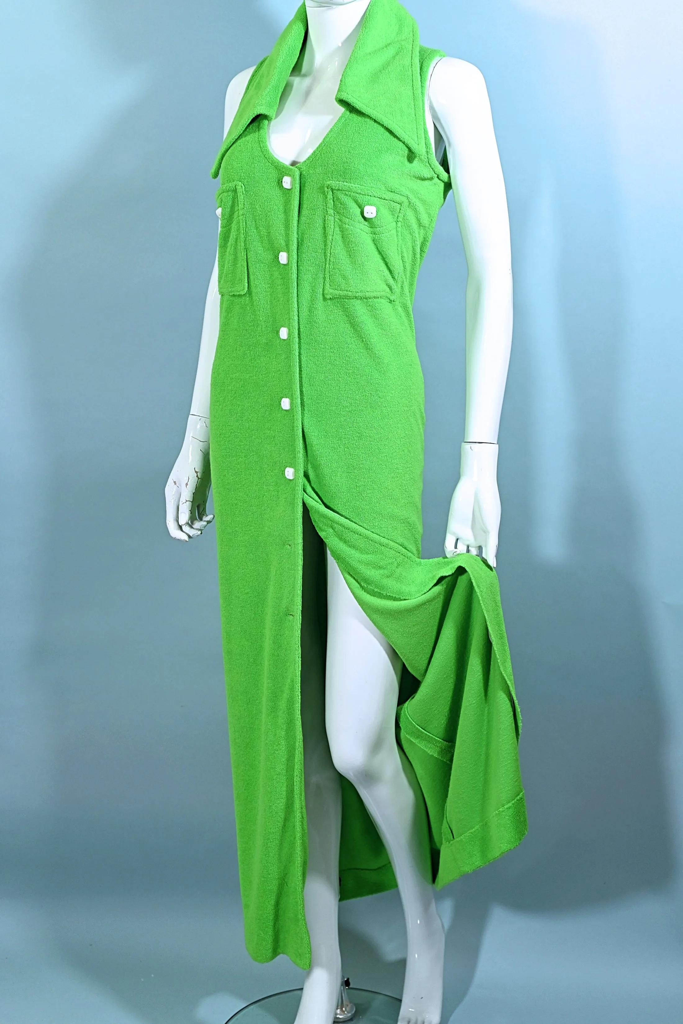 SOLD Vintage 70s Lime Green Terry Cloth Coverup, Chantel of Calif M