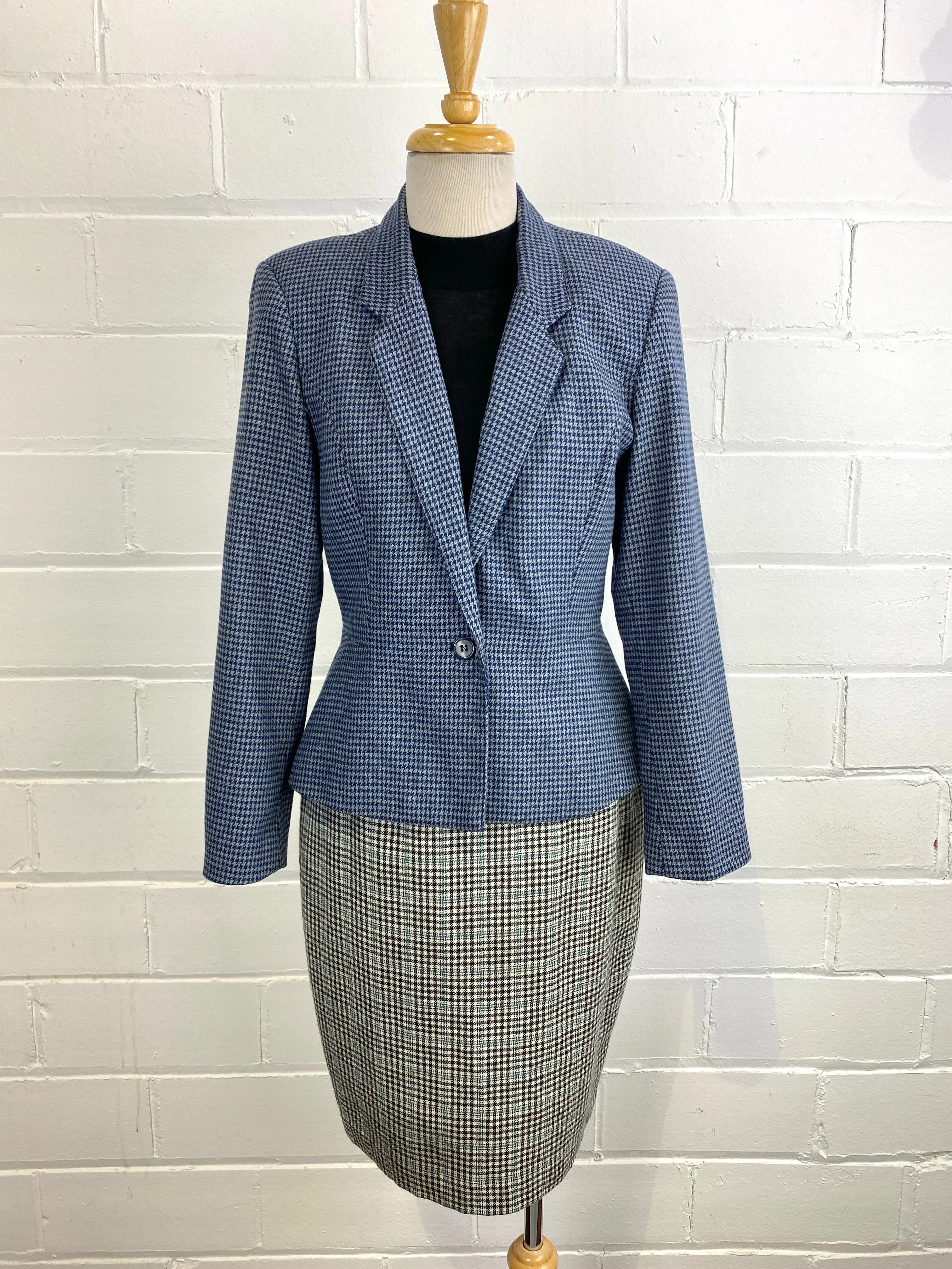 Vintage 1980s Blue Houndstooth Blazer, Small