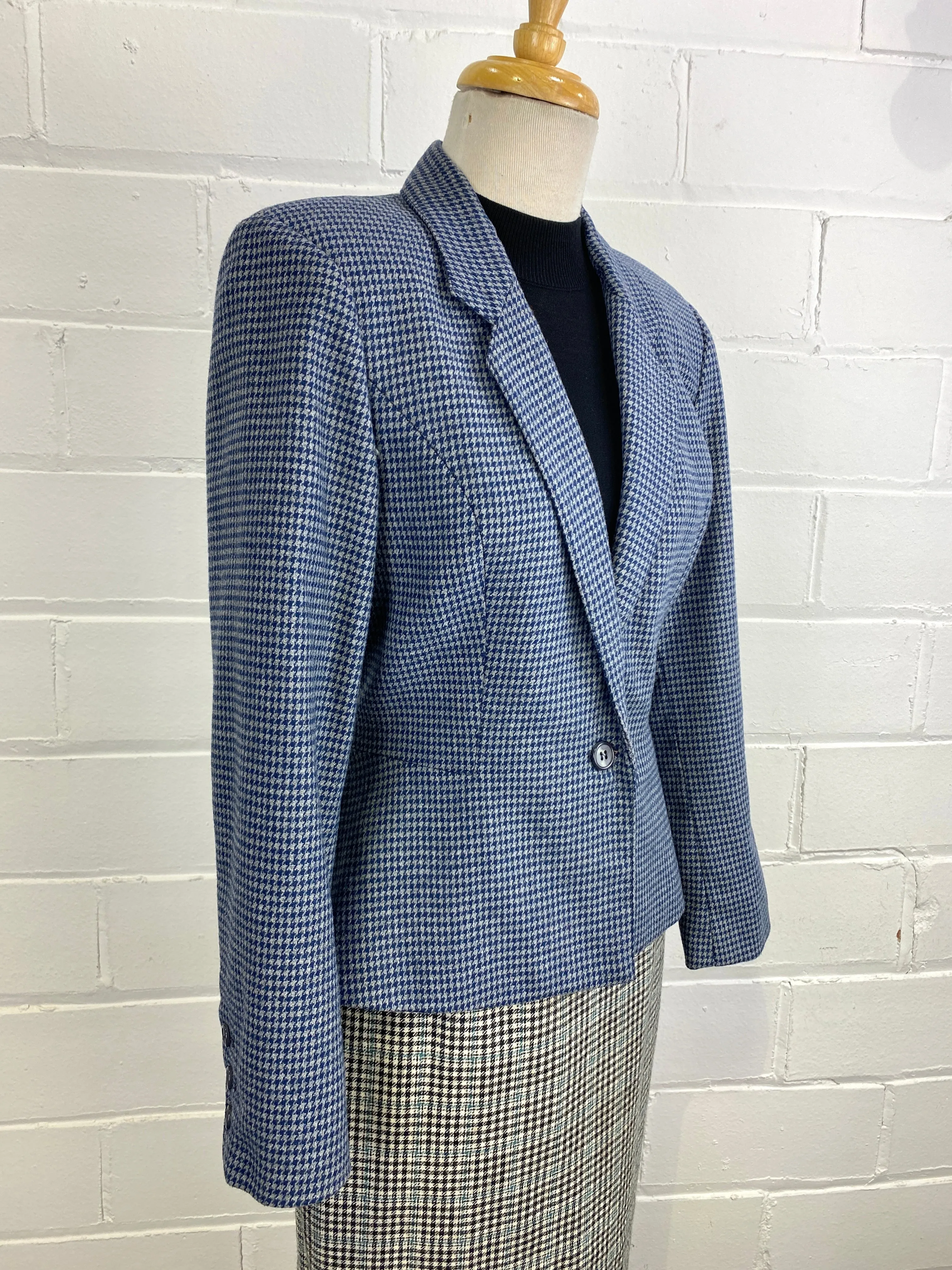 Vintage 1980s Blue Houndstooth Blazer, Small