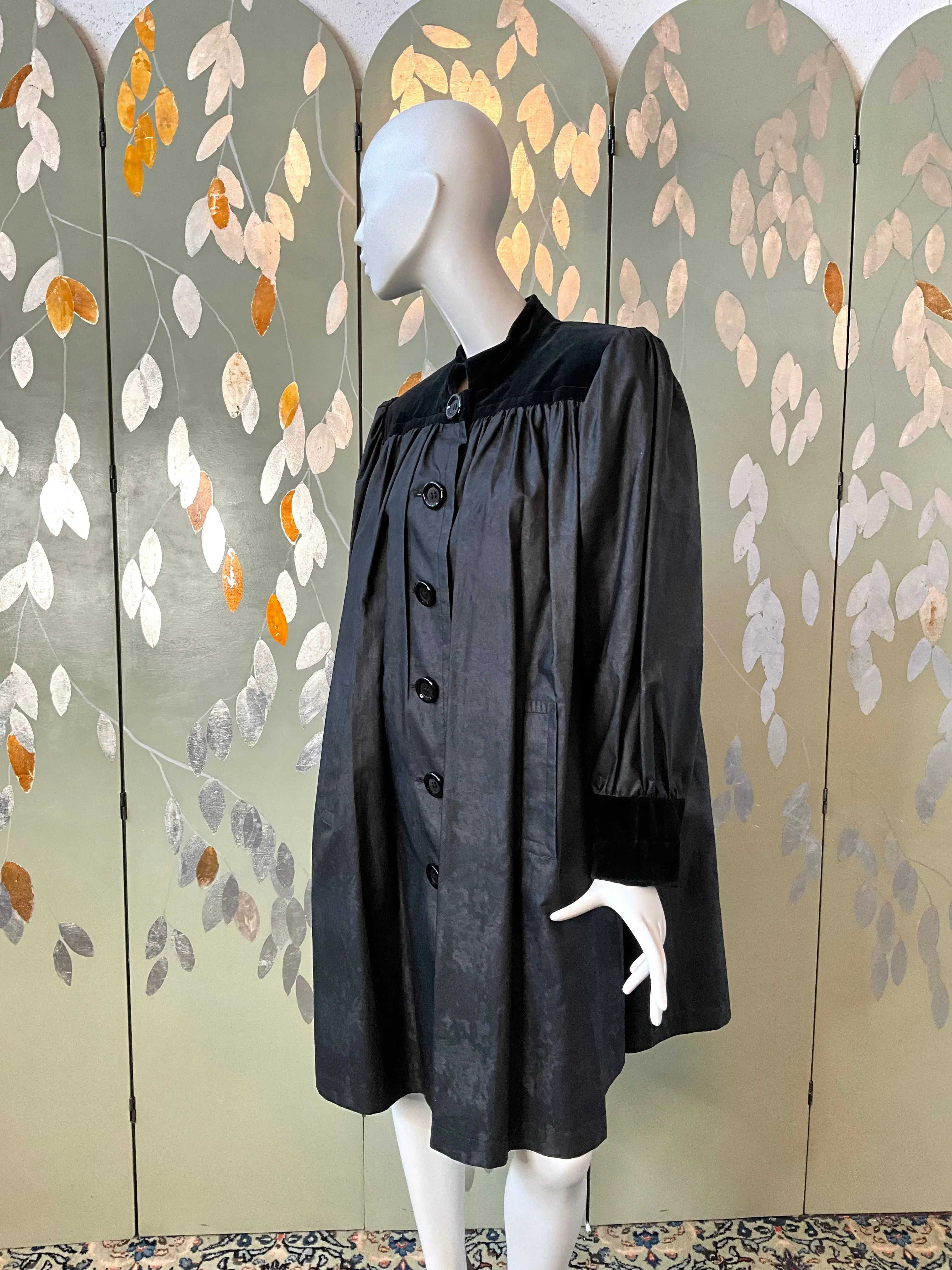 Vintage 1980s Yves Saint Laurent Black Coat With Velvet Trim, Large