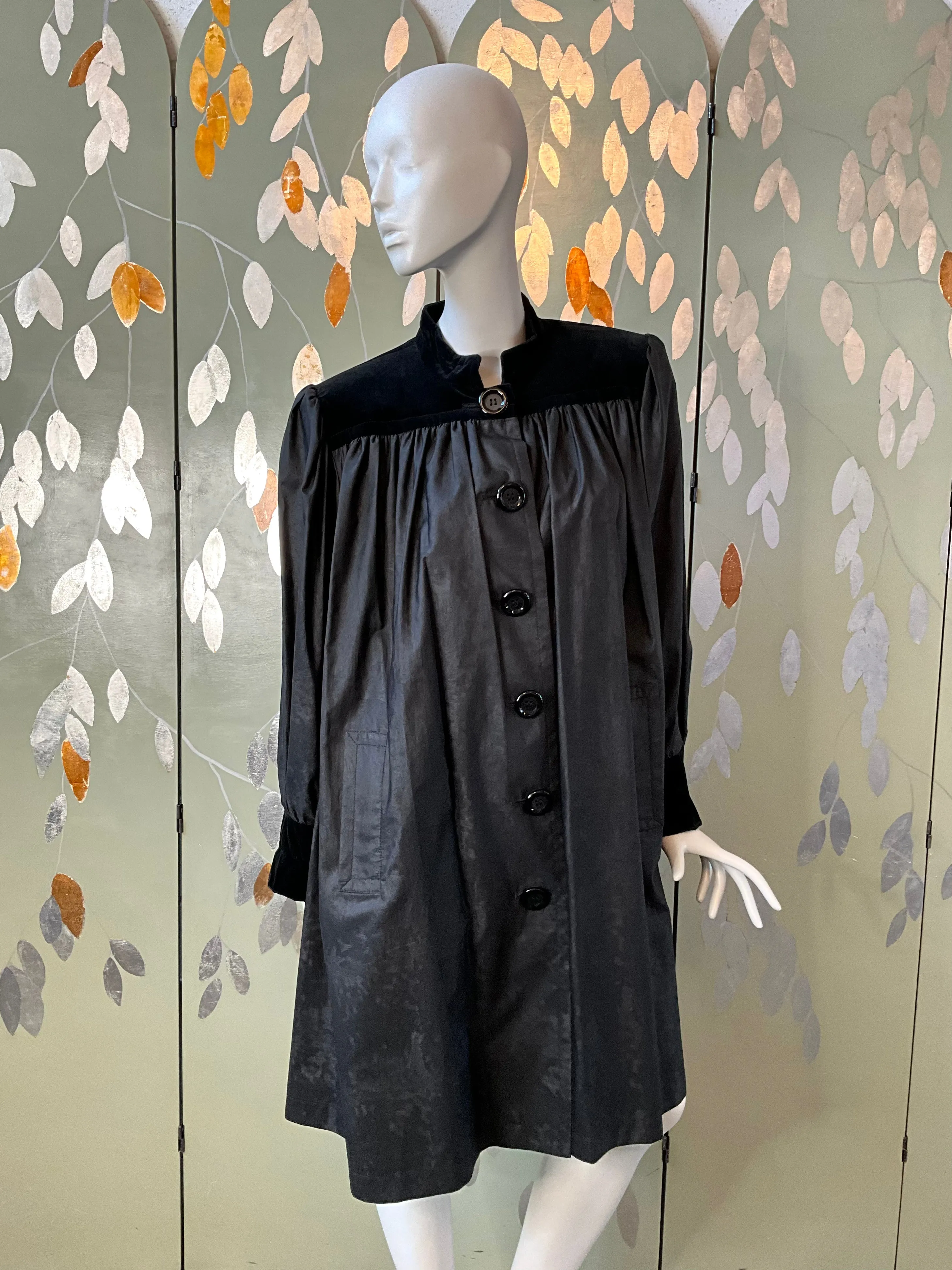 Vintage 1980s Yves Saint Laurent Black Coat With Velvet Trim, Large