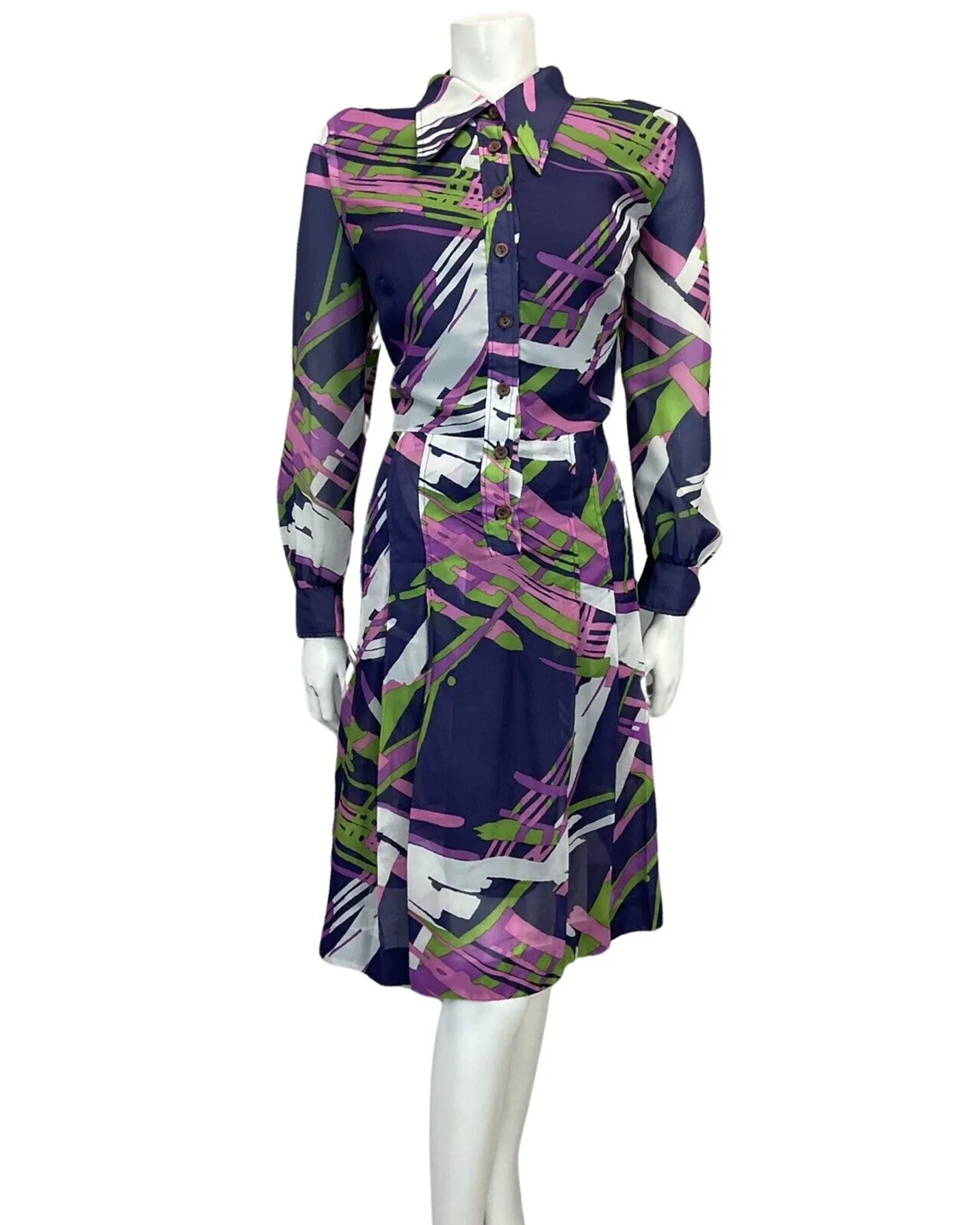 VINTAGE 60s 70s NAVY BLUE GREEN PURPLE PLEATED MIDI MOD DRESS 16