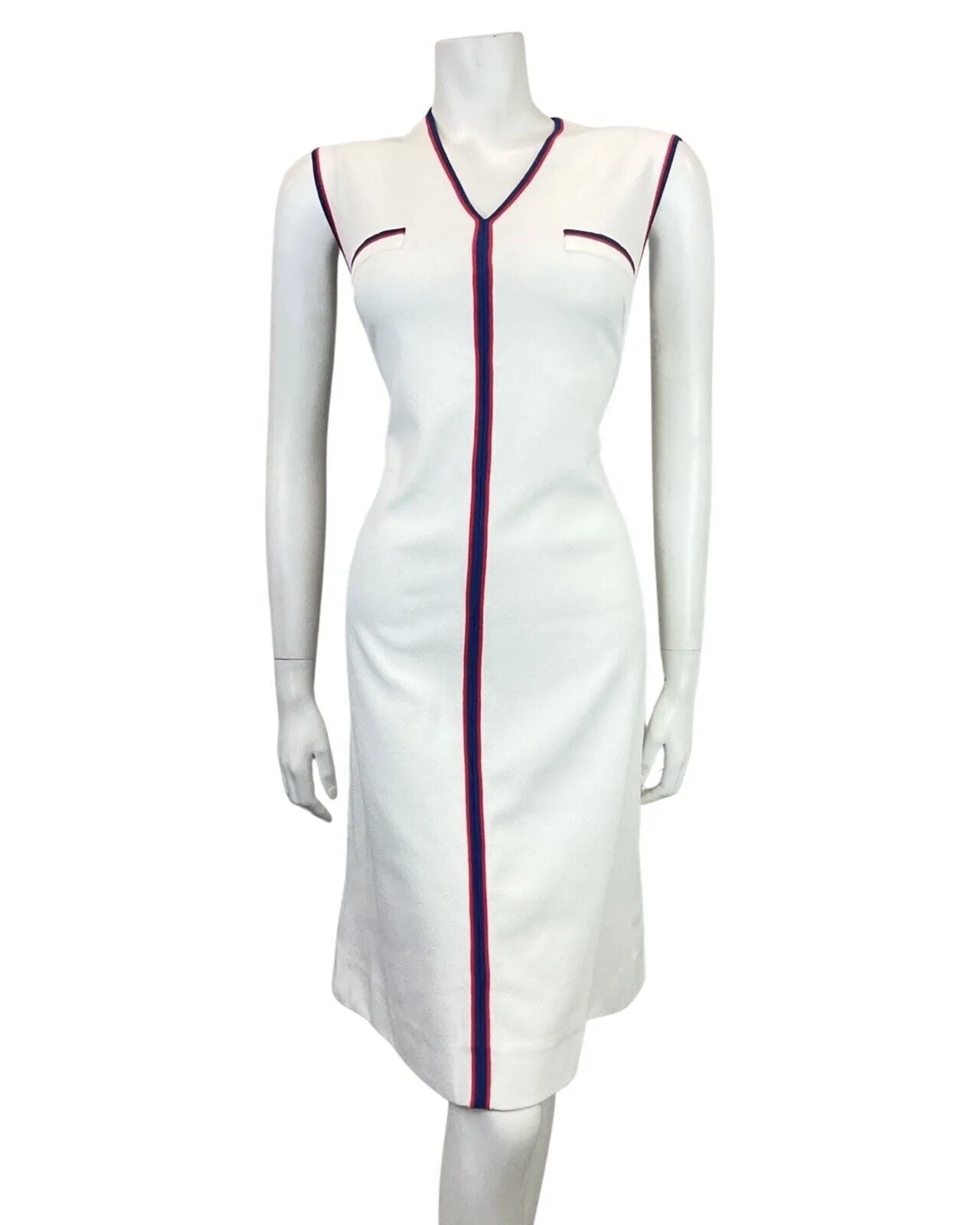 VINTAGE 60s 70s WHITE RED BLUE SLEEVELESS DRESS 12