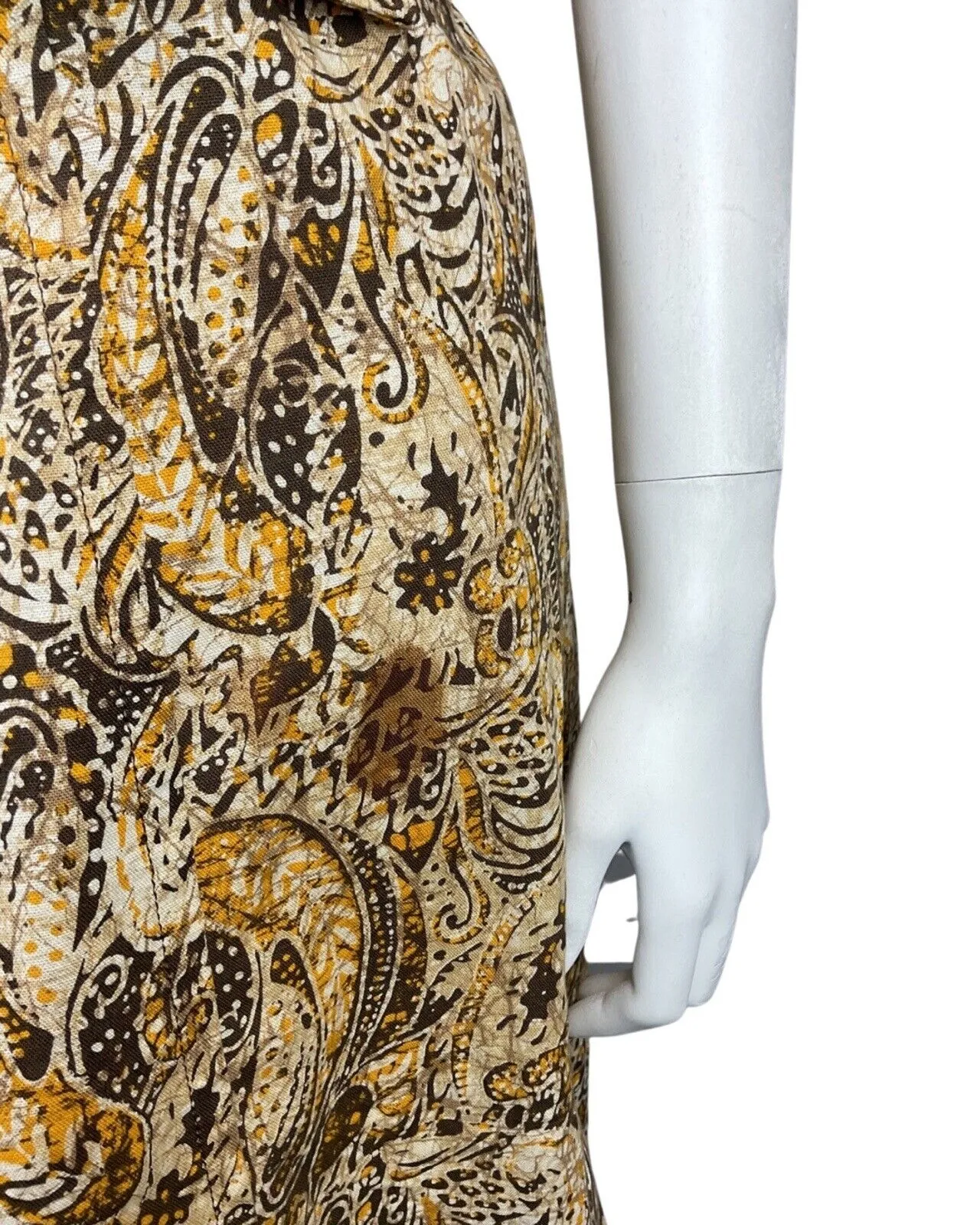 VINTAGE 70s BROWN CREAM YELLOW PSYCHEDELIC PAISLEY SLEEVELESS SHIRT DRESS 12