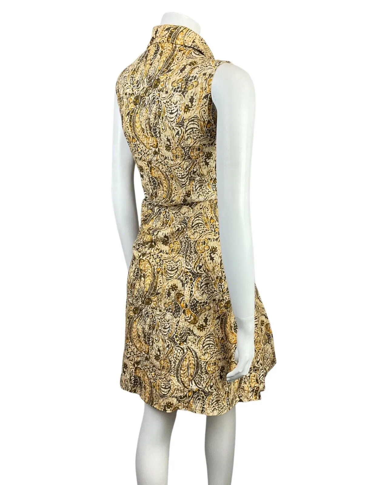 VINTAGE 70s BROWN CREAM YELLOW PSYCHEDELIC PAISLEY SLEEVELESS SHIRT DRESS 12