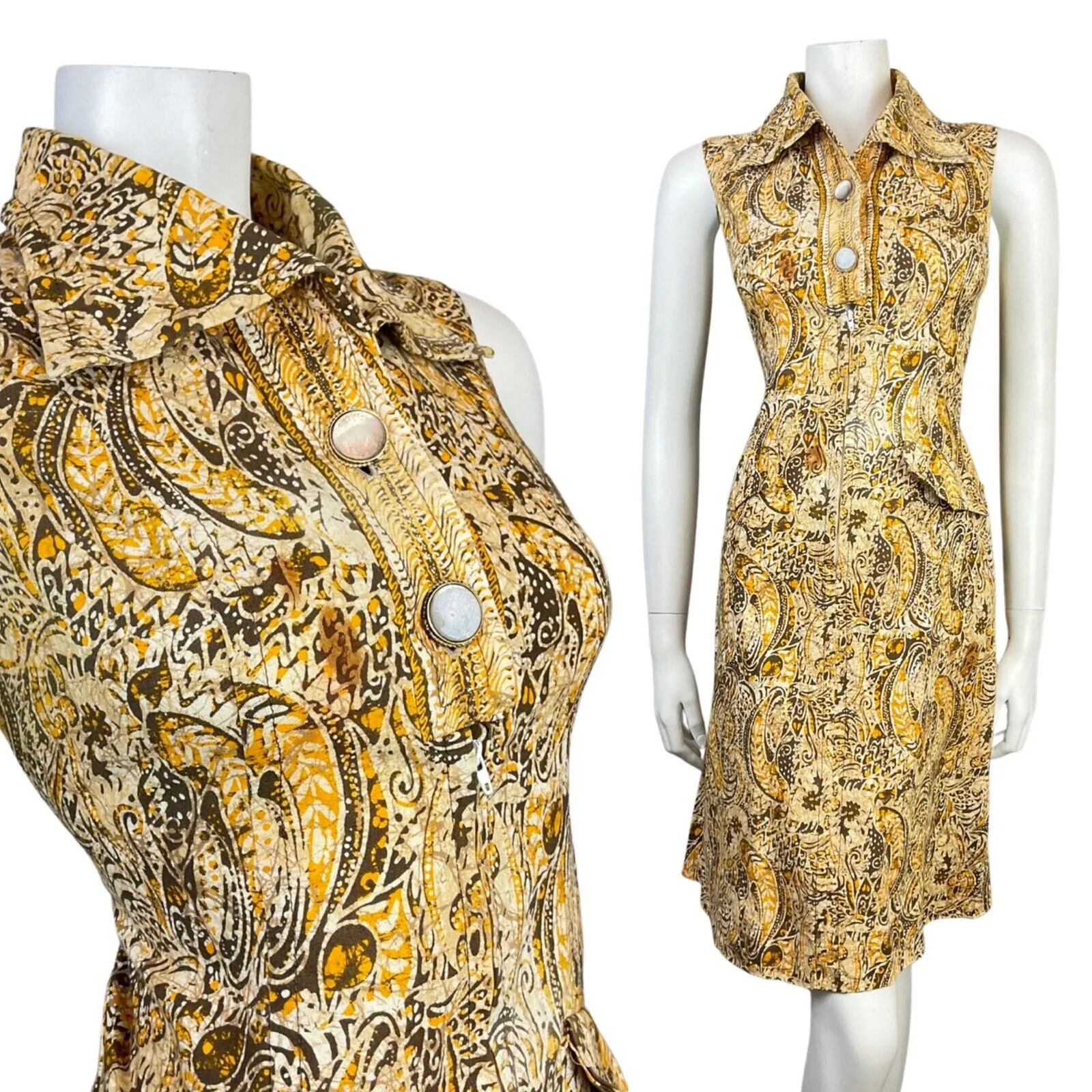 VINTAGE 70s BROWN CREAM YELLOW PSYCHEDELIC PAISLEY SLEEVELESS SHIRT DRESS 12