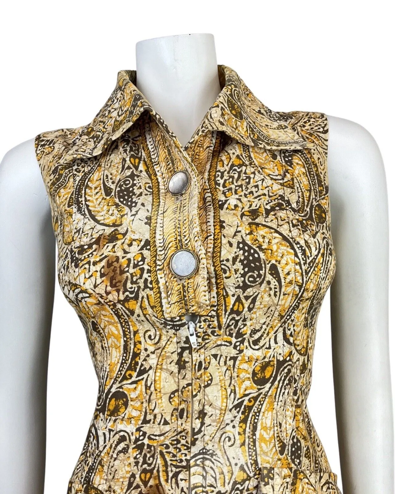 VINTAGE 70s BROWN CREAM YELLOW PSYCHEDELIC PAISLEY SLEEVELESS SHIRT DRESS 12