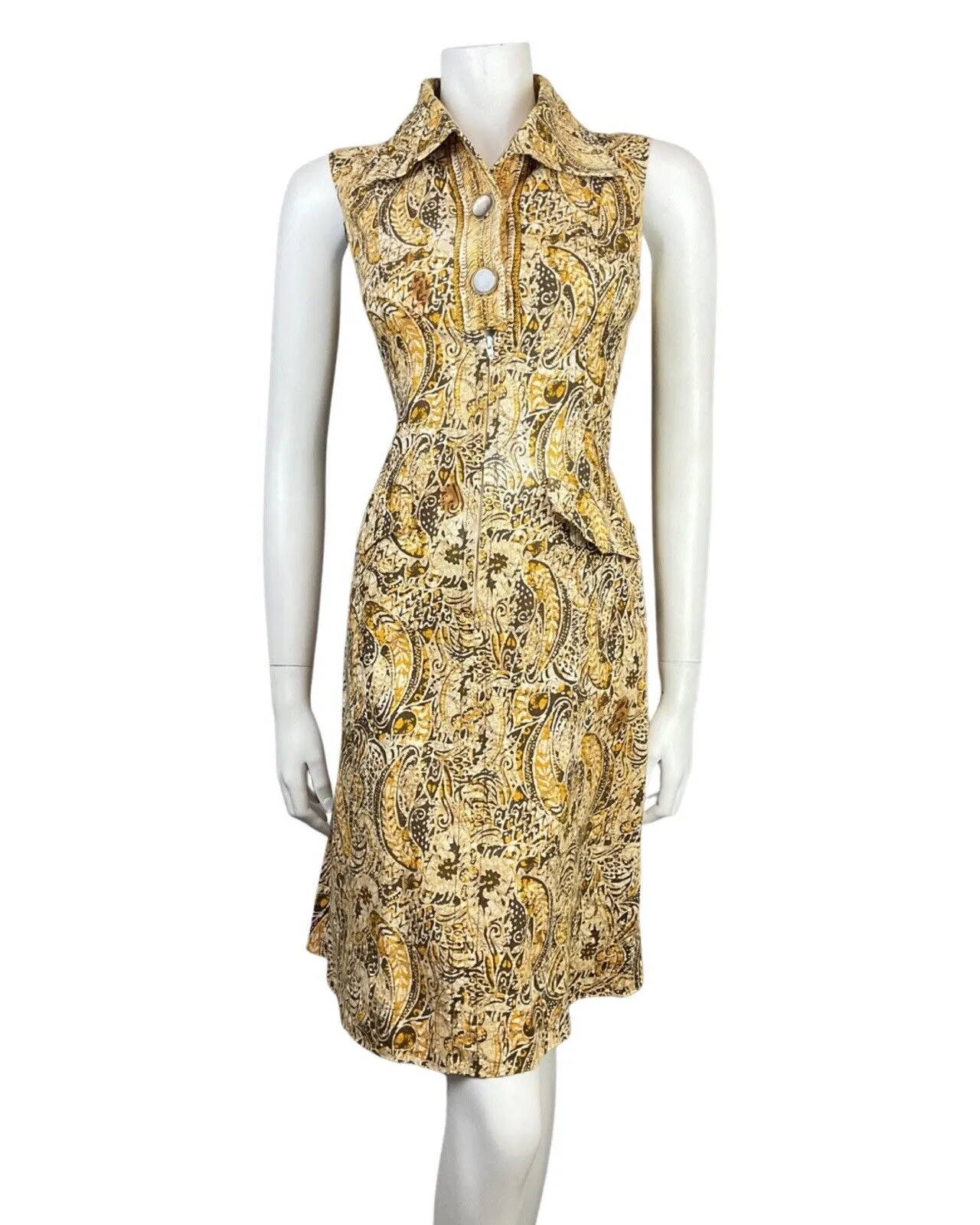 VINTAGE 70s BROWN CREAM YELLOW PSYCHEDELIC PAISLEY SLEEVELESS SHIRT DRESS 12