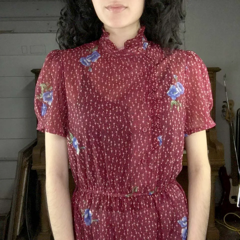 Vintage 70s | Burgundy Floral Ruffle High Neck Mini Prairie Dress | S/M