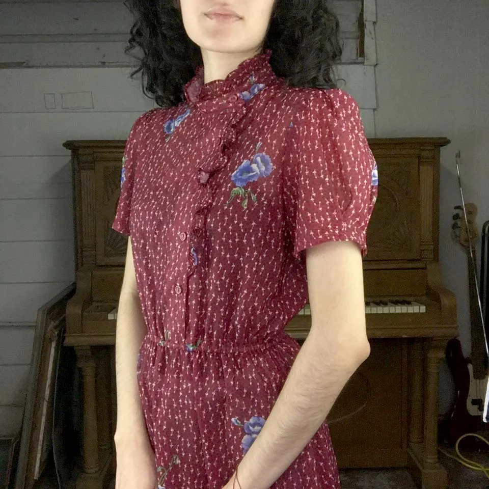 Vintage 70s | Burgundy Floral Ruffle High Neck Mini Prairie Dress | S/M