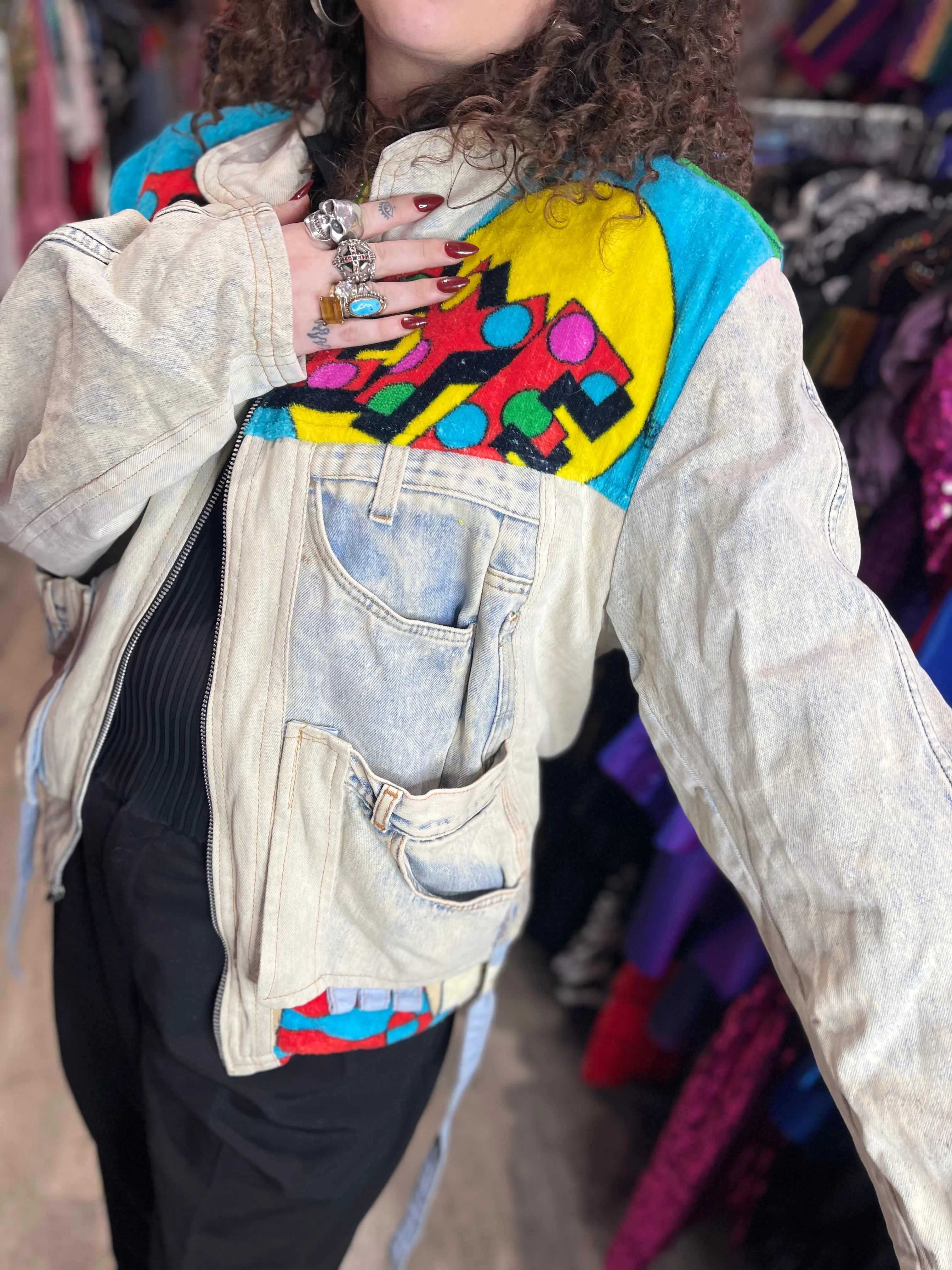 Vintage 80s Patchwork Popeye Jean Jacket