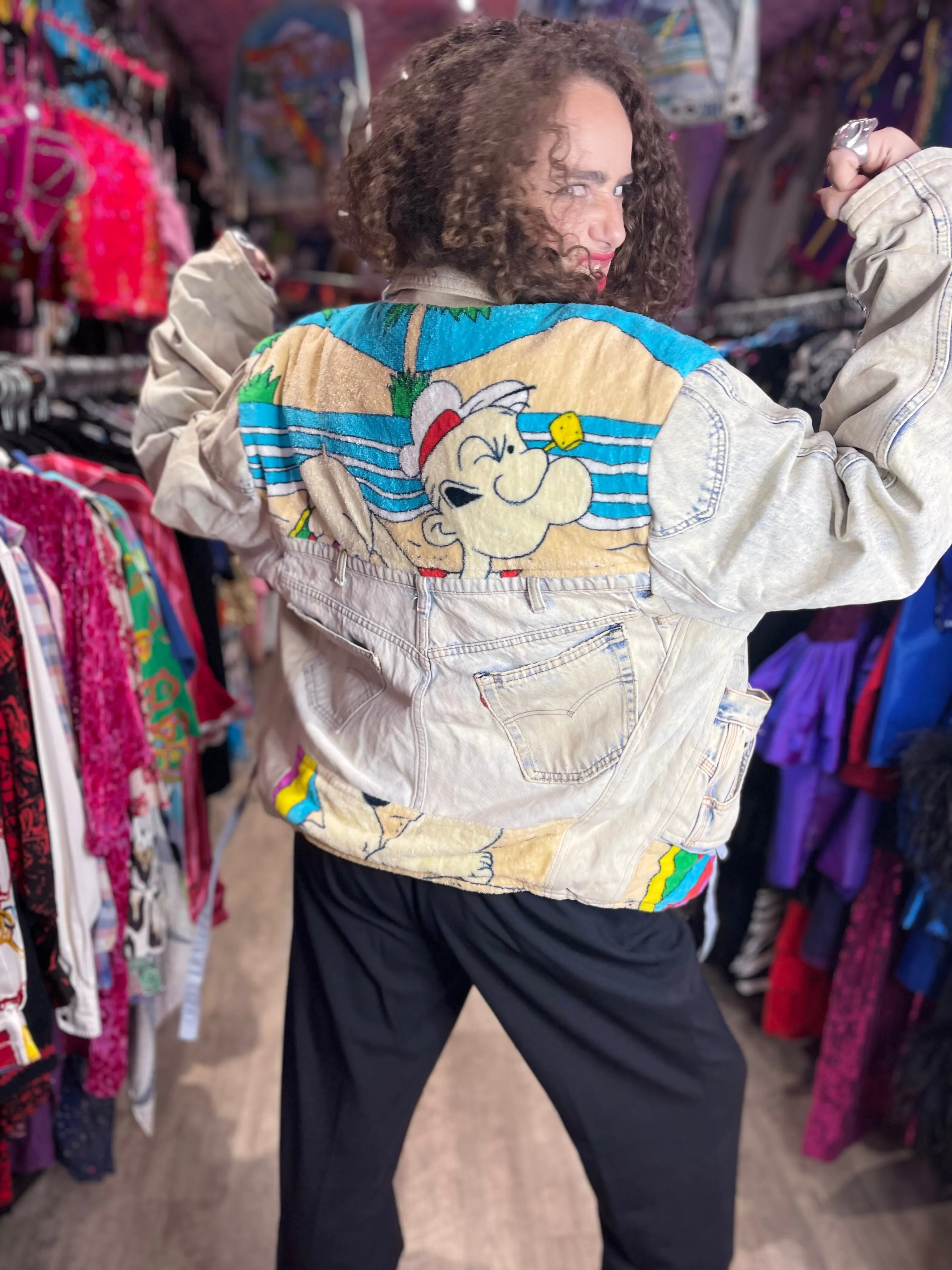 Vintage 80s Patchwork Popeye Jean Jacket