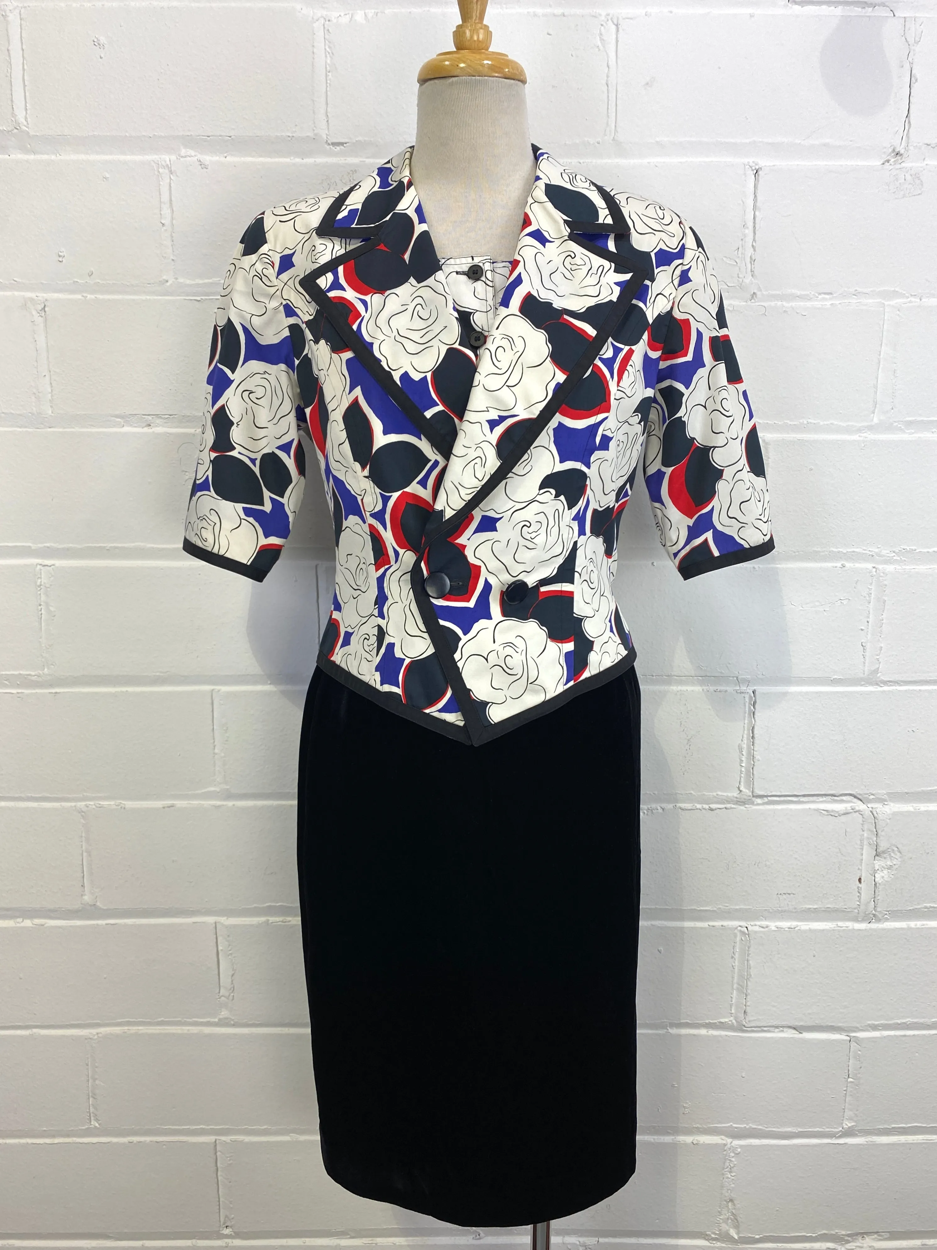 Vintage Mid-80s Guy Laroche Abstract Floral Cropped Cotton Jacket and Blouse Set